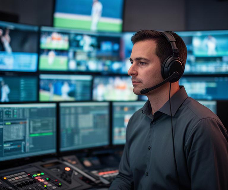 Bildregisseur mit Headset in einem Regieraum und mehreren Live-Bildschirmen