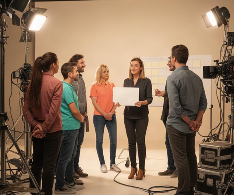 Produktionsleiterin bespricht einen Ablaufplan mit einem Team in einem Fernsehstudio