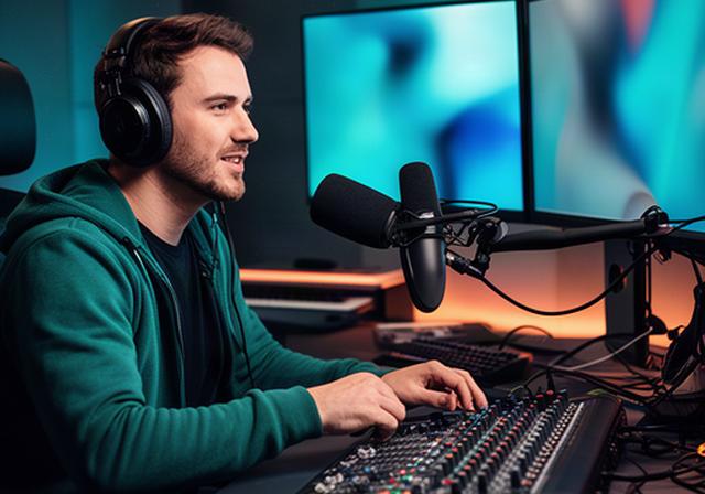 Spasoja Dominik in einem Streaming-Arbeitsplatz mit Kopfhörern, Mischpult und zwei Monitoren