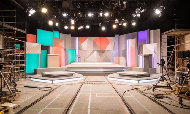Bühnenbild einer Quizshow im Aufbau mit Leuchtflächen, Podesten und markierten Kamerapositionen
