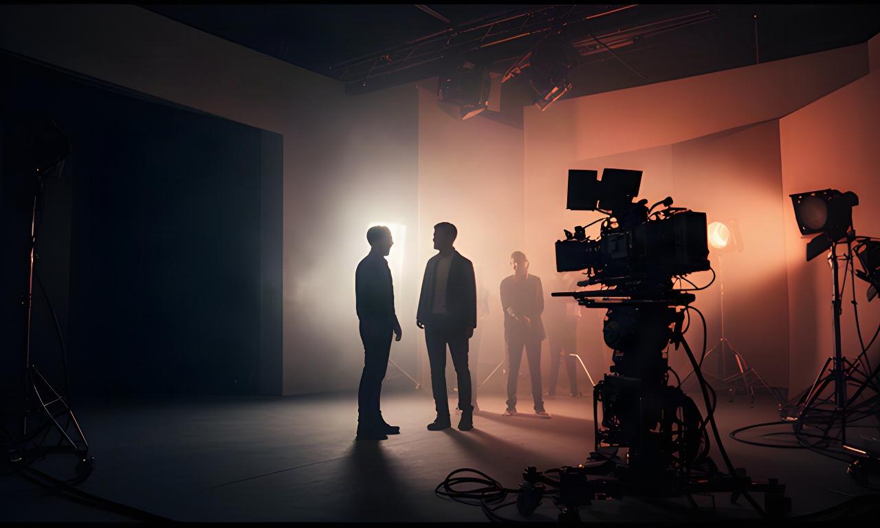 Nachgestellte Filmszene einer österreichischen Serienproduktion mit Schauspielsilhouetten, Studiolicht und Kamerabühne